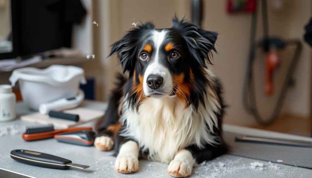 black and white australian shepherd grooming