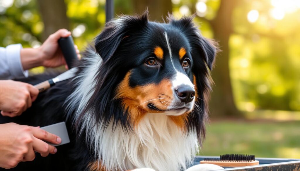 black and tan australian shepherd grooming