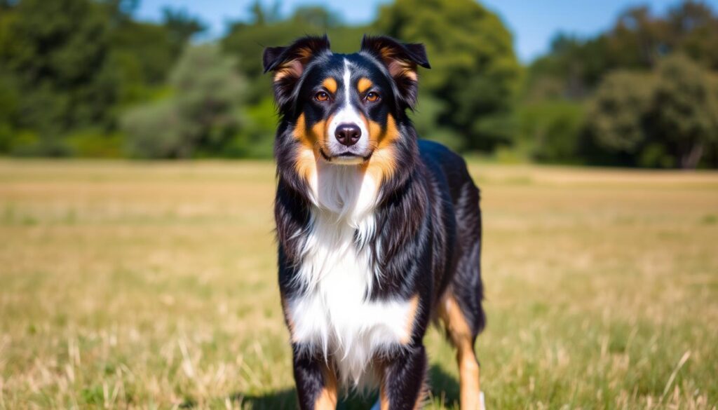 black and tan australian shepherd side