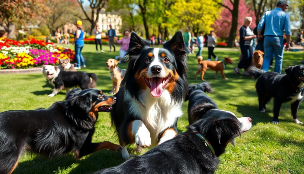 socializing black tri aussie